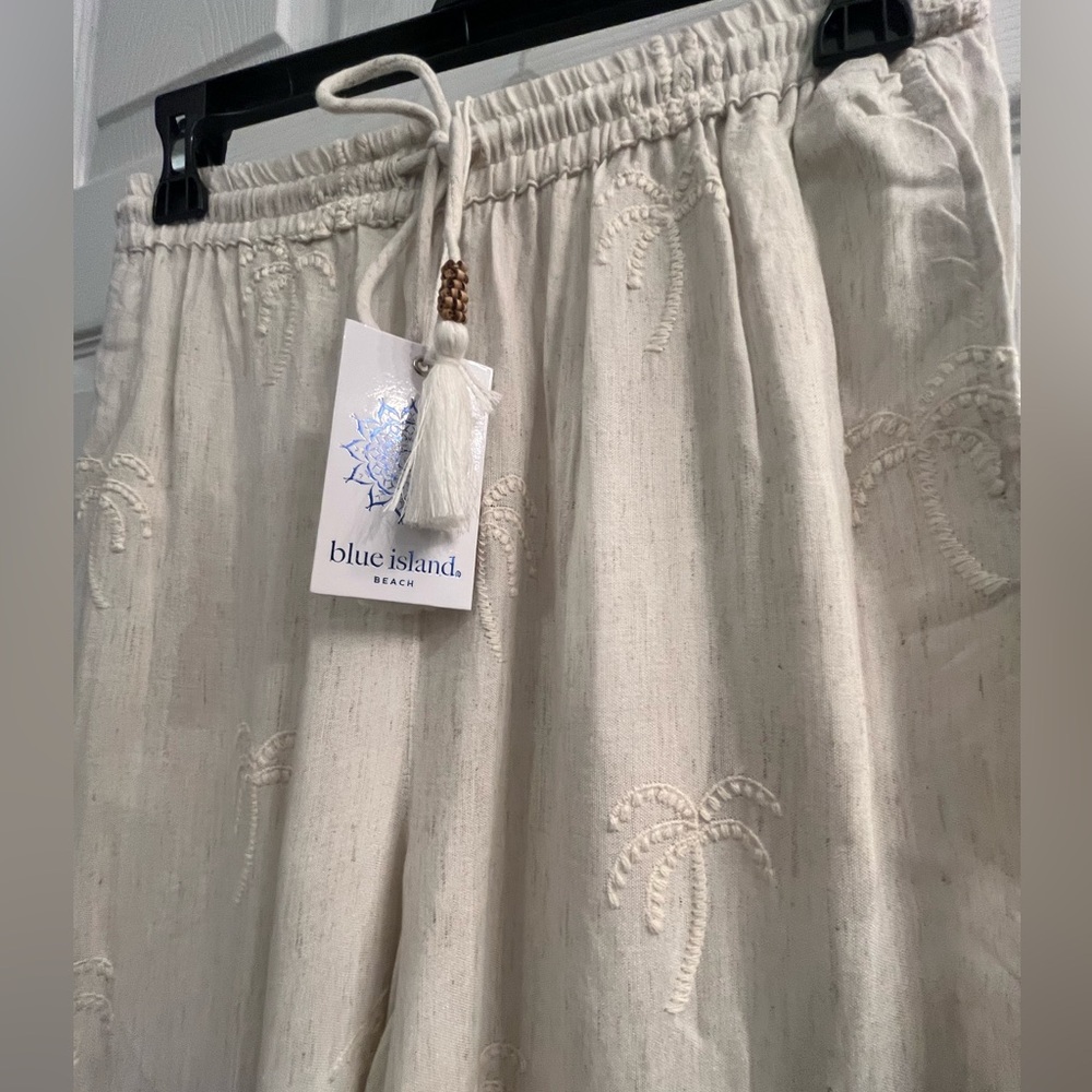 NWT BLUE ISLAND Palm Embroidered Linen Blend Cover-up Wide Leg Pants w Pockets